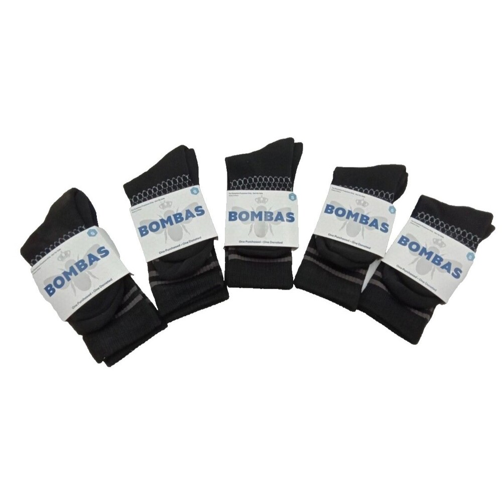 BOMBAS 5 Pairs unisex Calf Length Logo Gray Stripe Black Socks Size Small